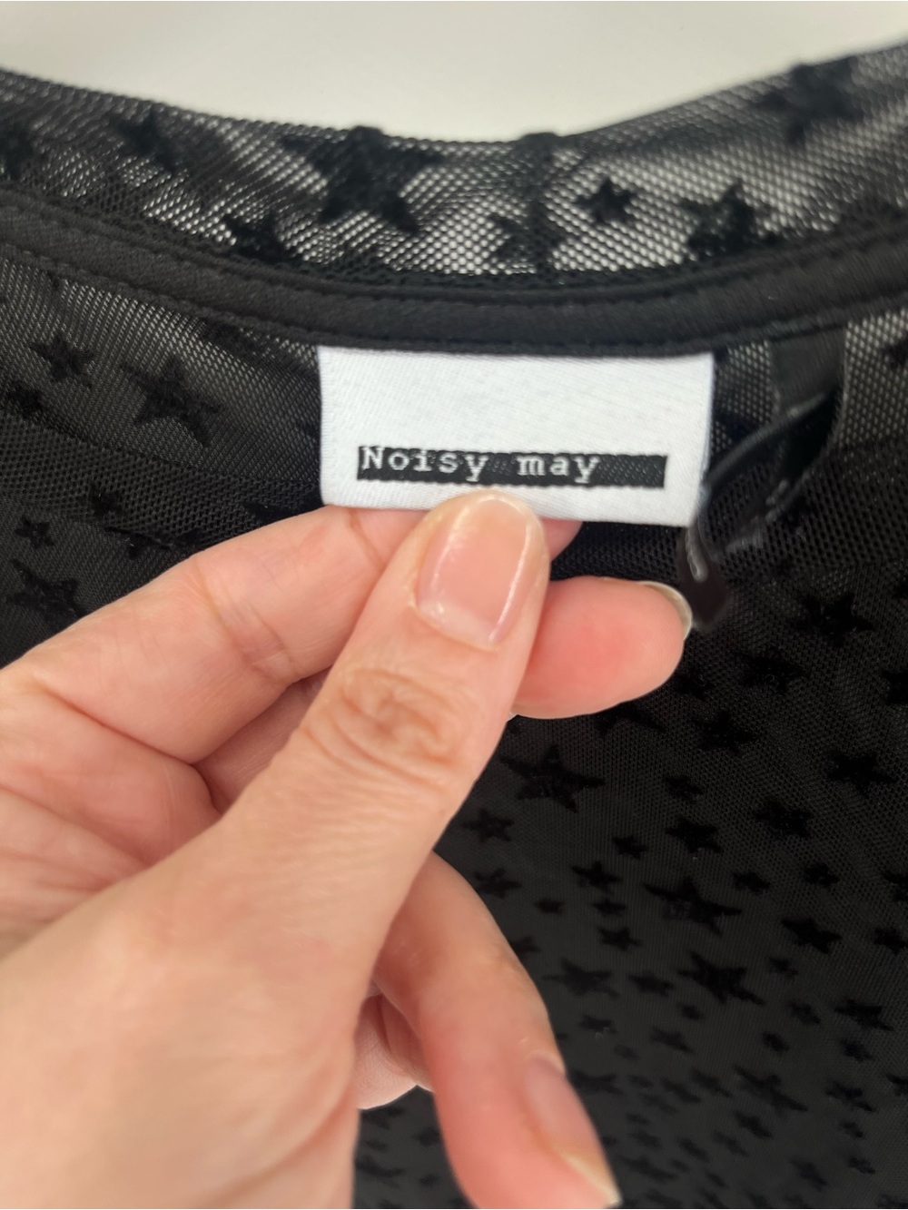 Noisy May Sheer Star Mesh Top XS Black Flocked Stars See Through Layering Tee - Picture 5 of 7
